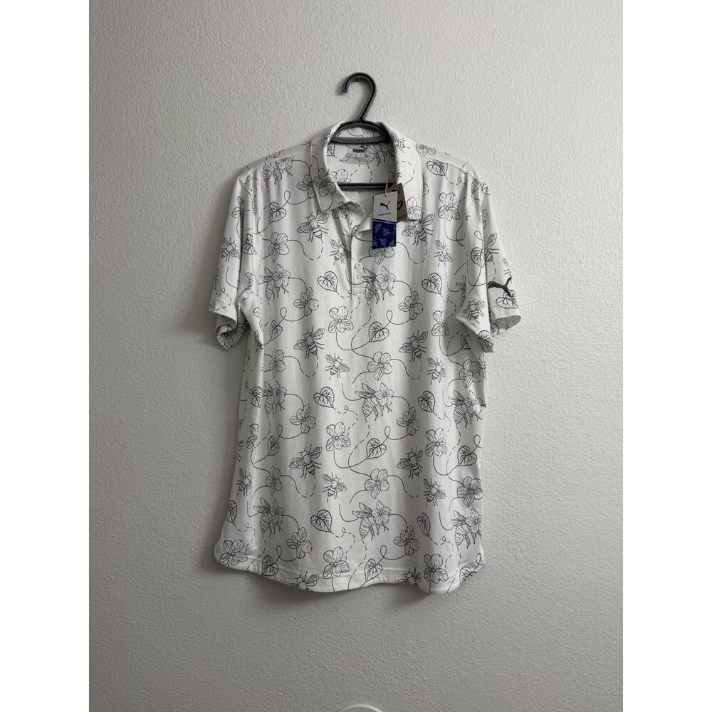 Puma Cloudspun Pollinators Polo Mens M White Bees Flowers NWT